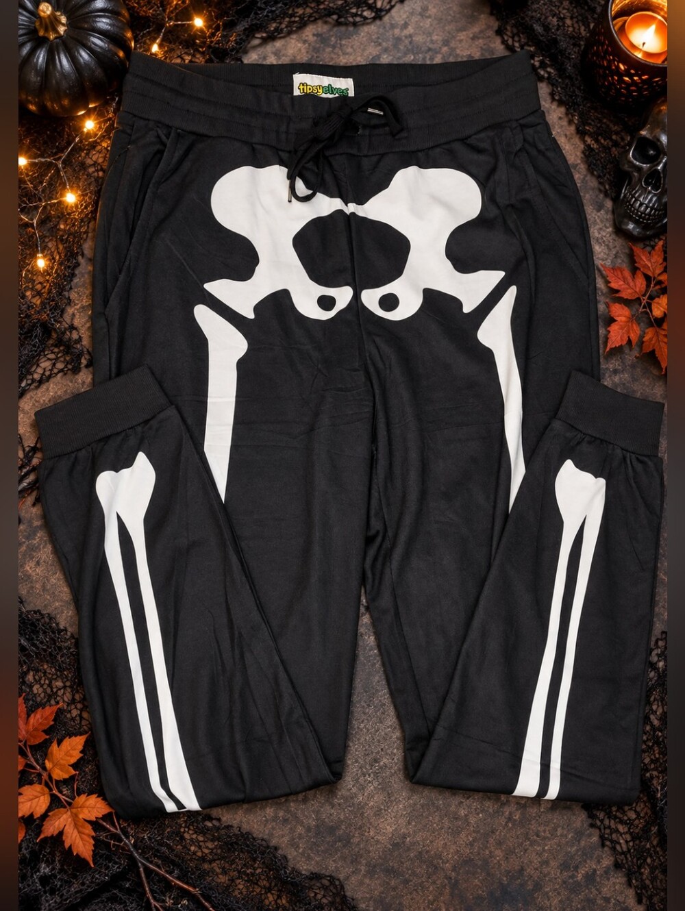Tipsy Elves Skeleton Joggers Pants Black White Halloween NWT M